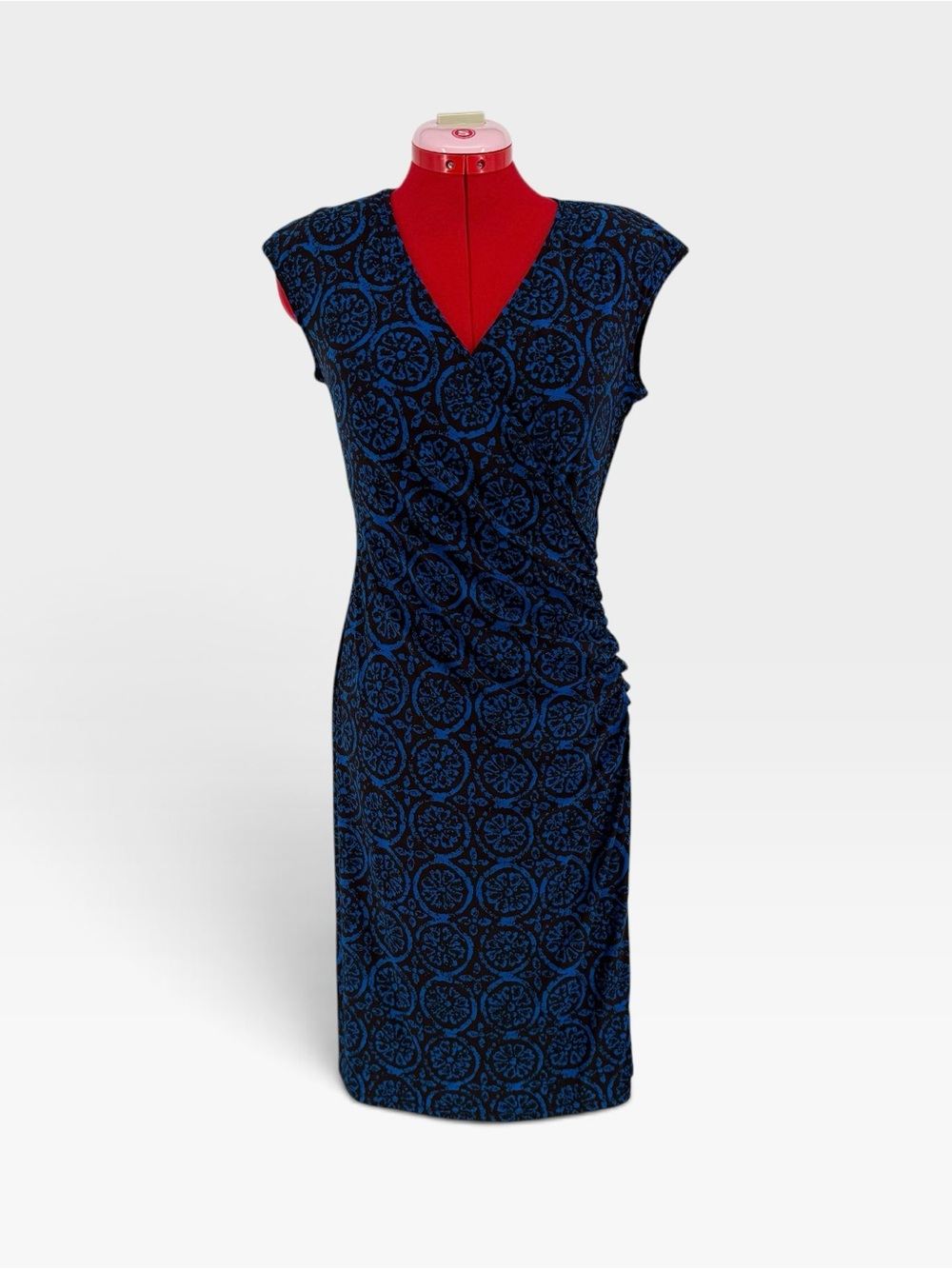 Y2K VTG Lauren Ralph Lauren Size 4 Blue Brown Medallion Ruched Wrap Dress